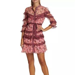 Saloni "Tasha" dress bedecked with contrast-print frills